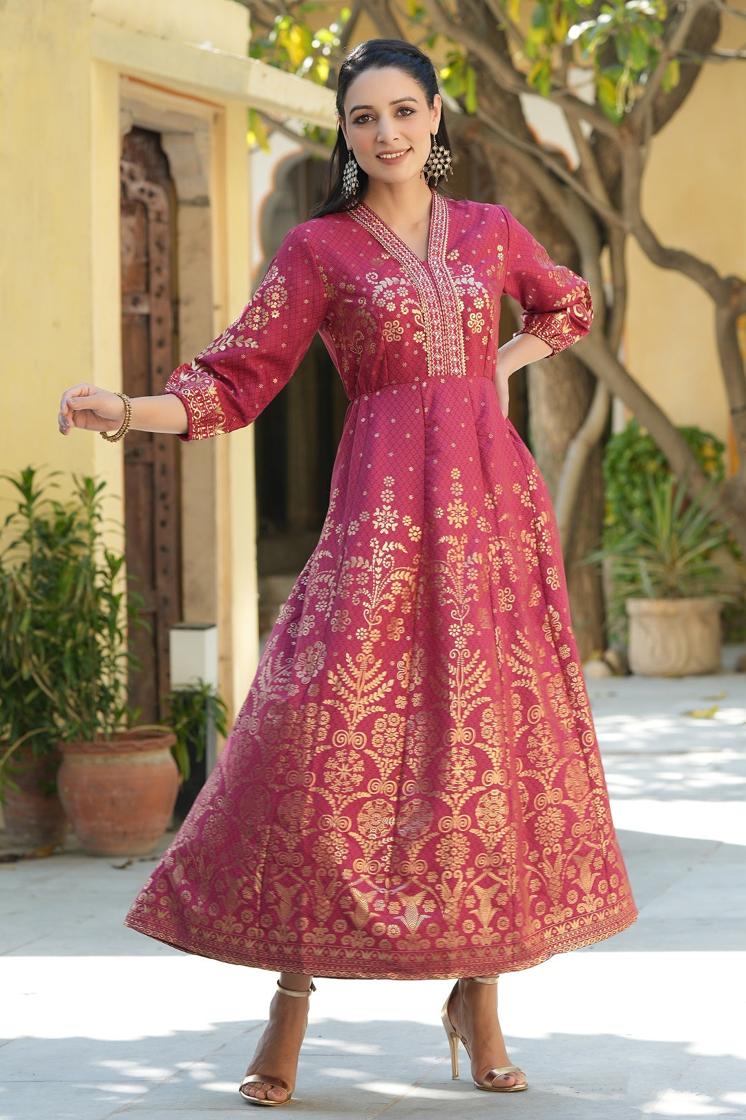 Maroon Rayon Printed Anarkali Dress