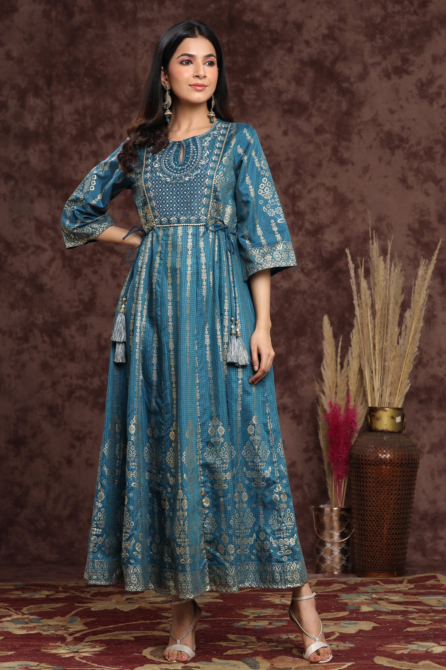 Teal Shantoon Printed Anarkali Dress