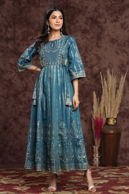 Teal Shantoon Printed Anarkali Dress