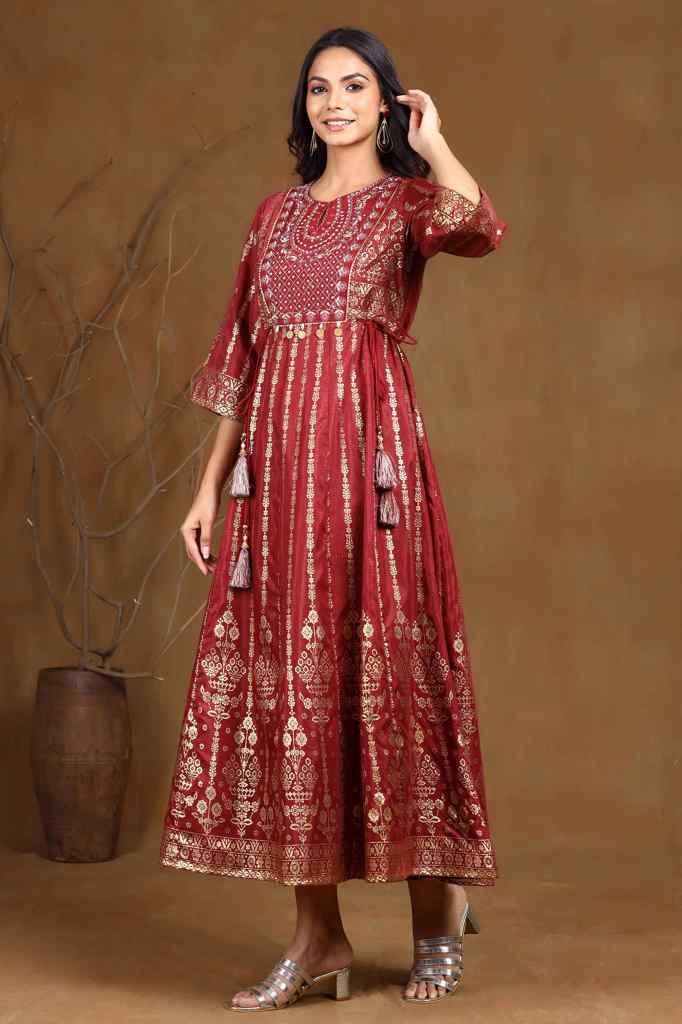 Maroon Shantoon Printed Anarkali Dress
