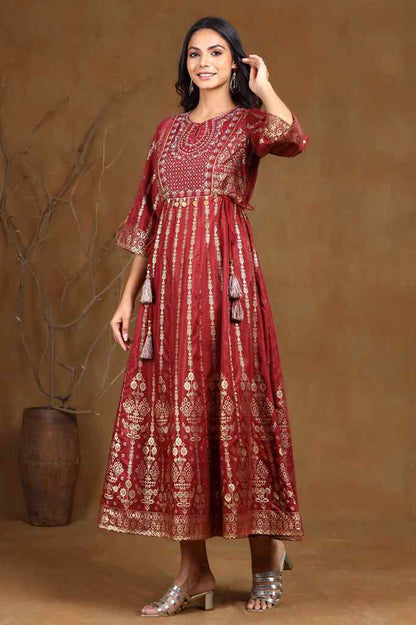 Maroon Shantoon Printed Anarkali Dress