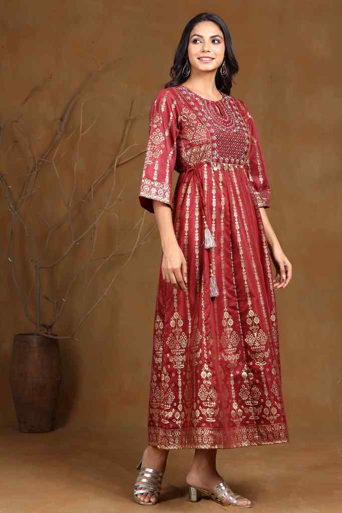 Maroon Shantoon Printed Anarkali Dress