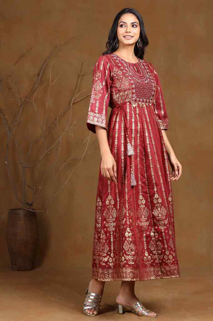 Maroon Shantoon Printed Anarkali Dress