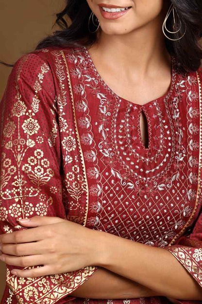 Maroon Shantoon Printed Anarkali Dress