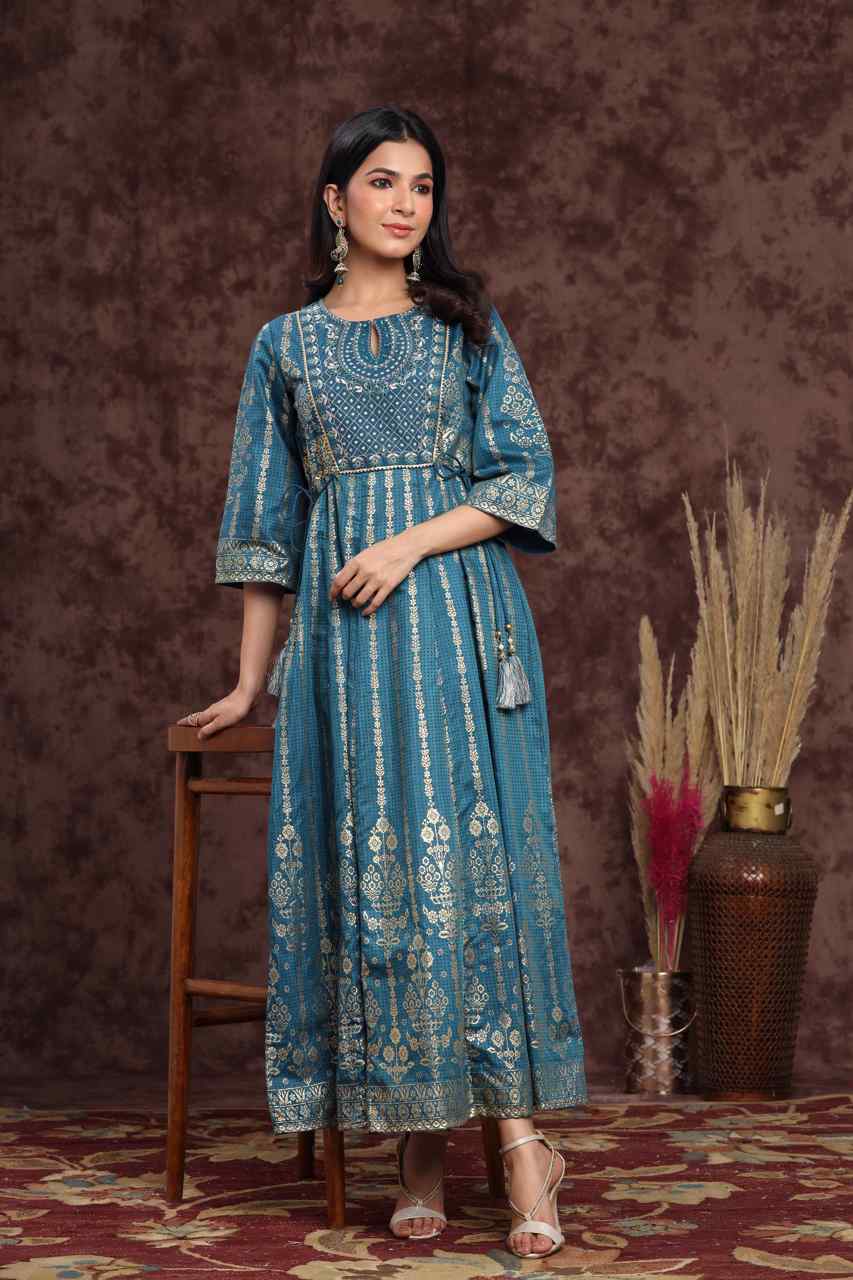 Teal Shantoon Printed Anarkali Dress
