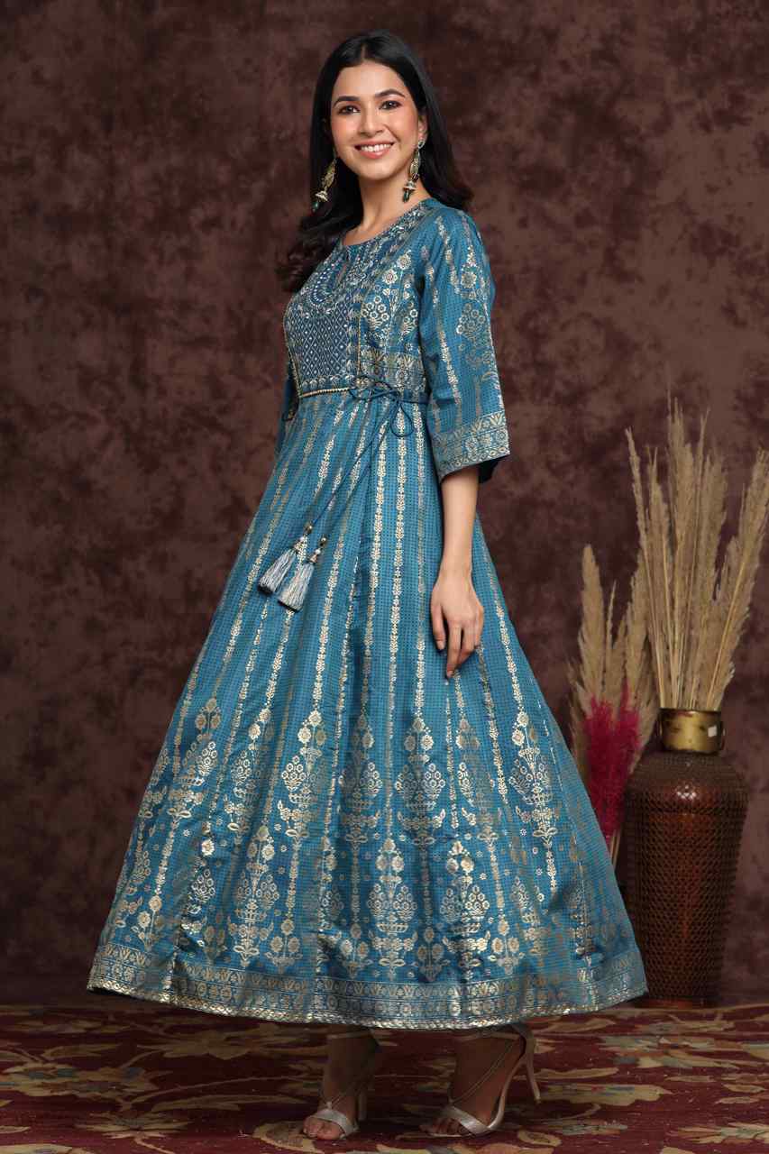 Teal Shantoon Printed Anarkali Dress