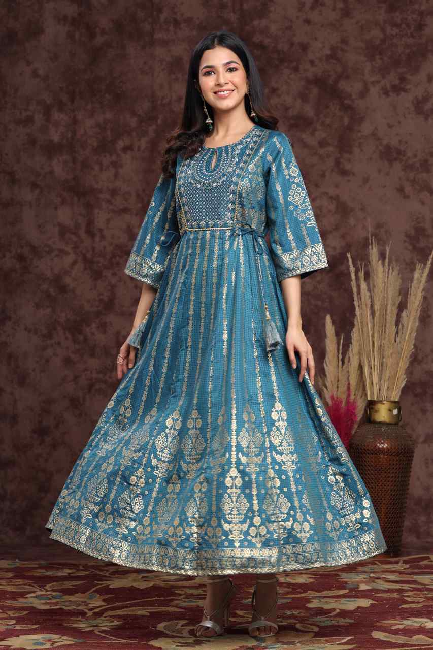 Teal Shantoon Printed Anarkali Dress