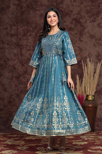 Teal Shantoon Printed Anarkali Dress