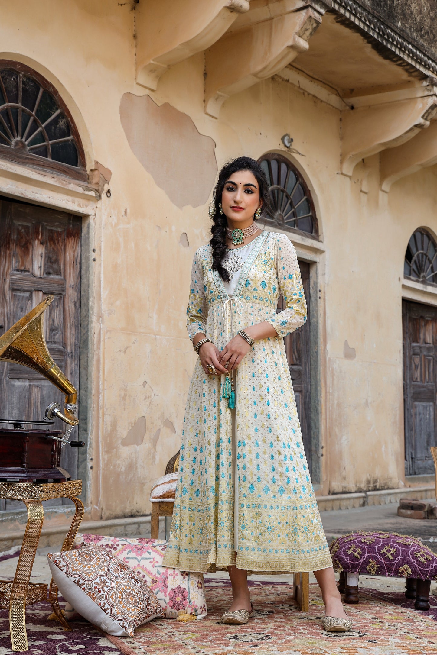 Ivory Georgette Printed Jacket Style Dress