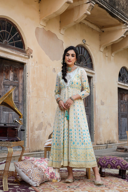 Ivory Georgette Printed Jacket Style Dress
