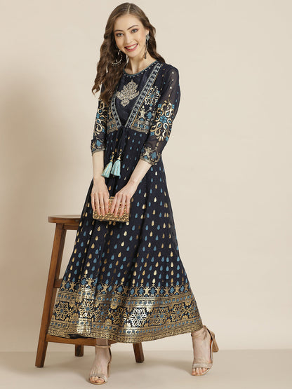 Navyblue Georgette Printed Jacket Style Dress