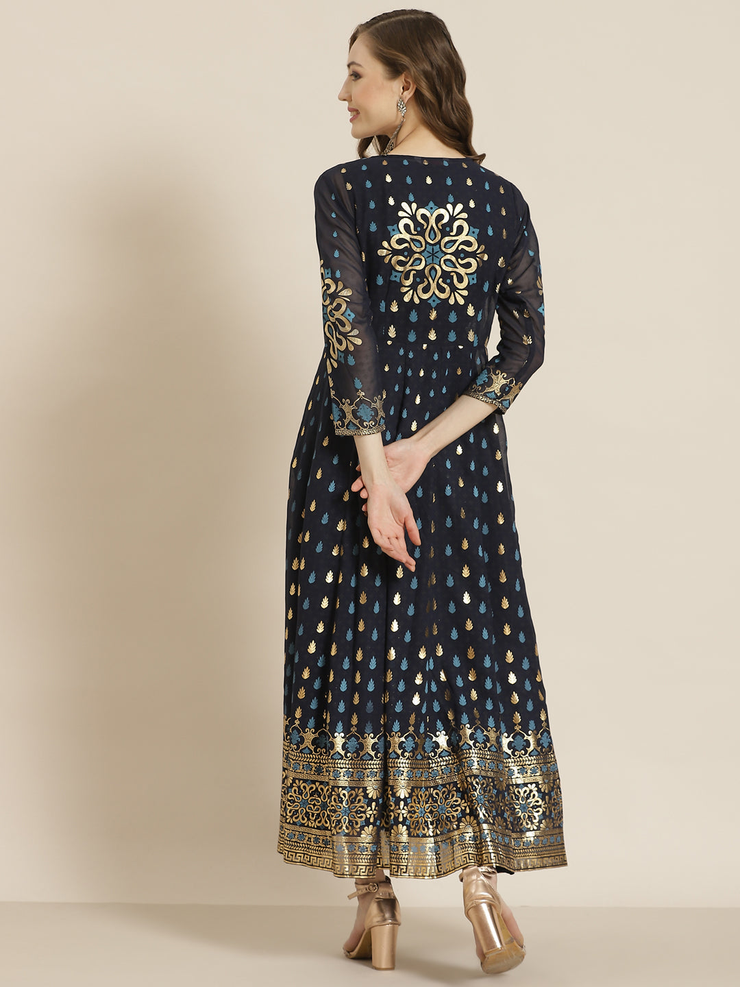 Navyblue Georgette Printed Jacket Style Dress