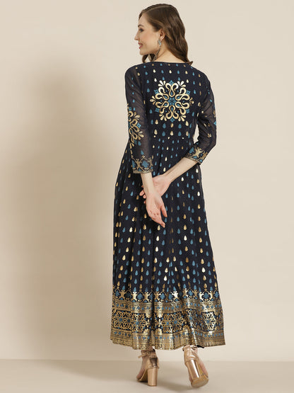 Navyblue Georgette Printed Jacket Style Dress