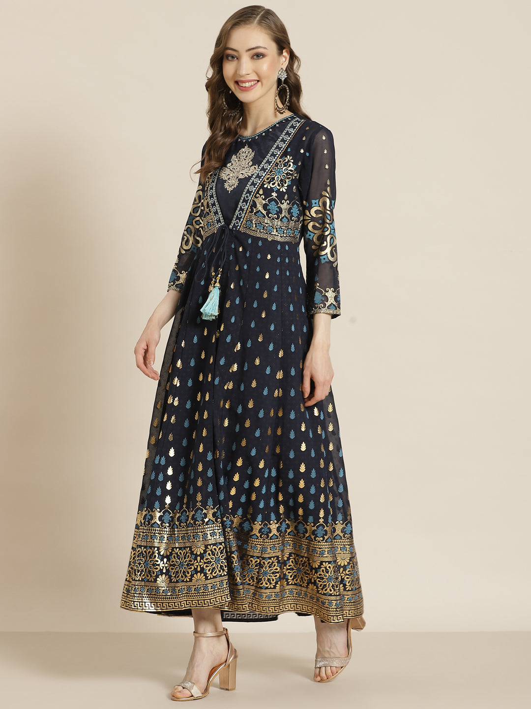 Navyblue Georgette Printed Jacket Style Dress