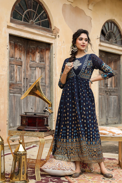 Navyblue Georgette Printed Jacket Style Dress