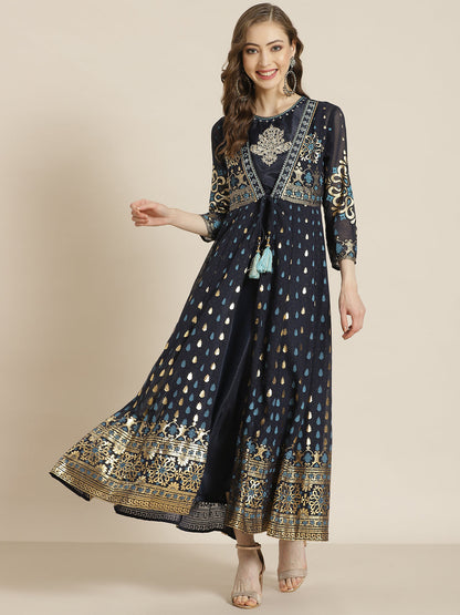 Navyblue Georgette Printed Jacket Style Dress