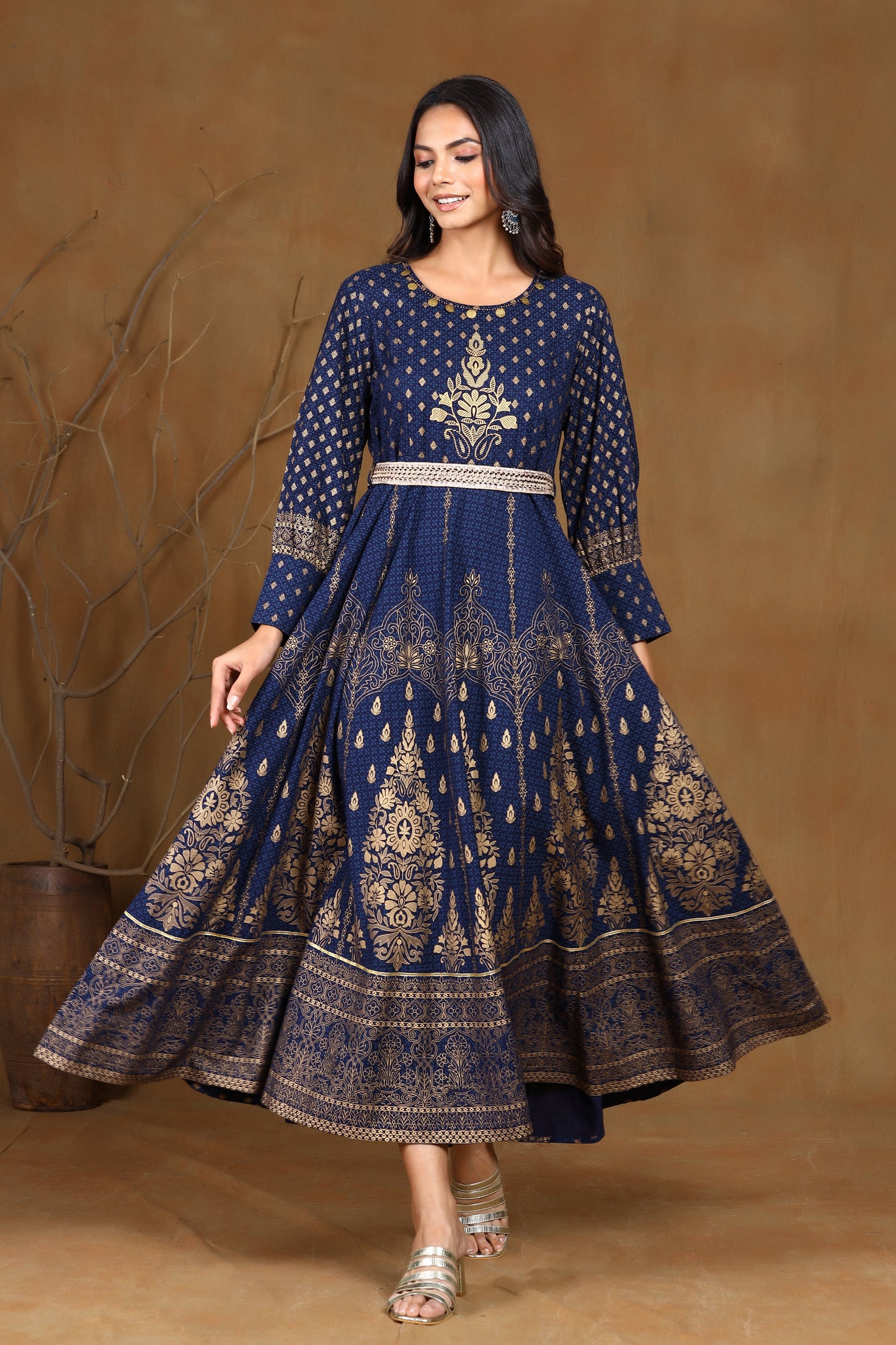 Navyblue Rayon Printed Flared Dress