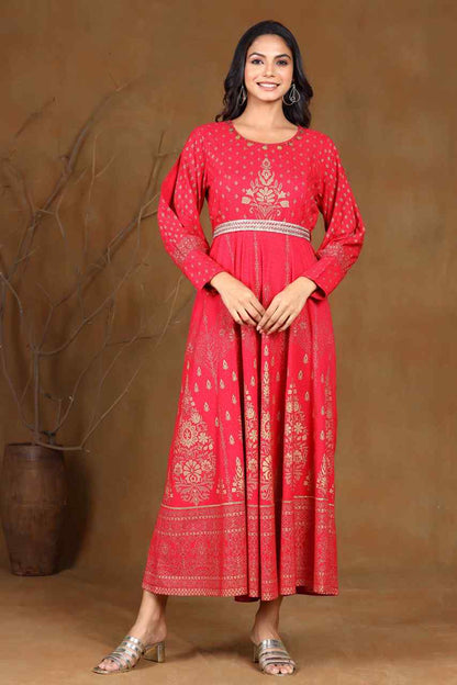 Fuchsia Rayon Printed Flared Dress