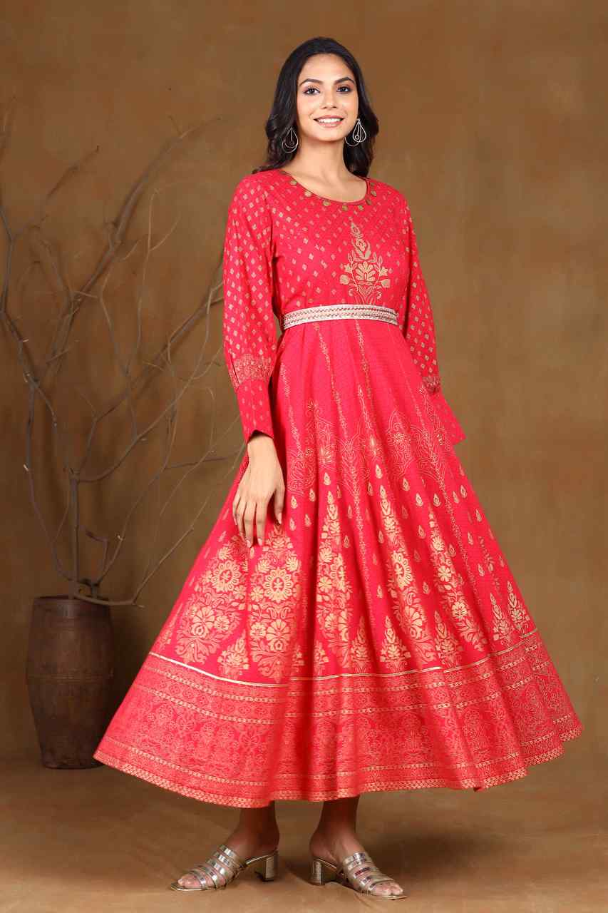 Fuchsia Rayon Printed Flared Dress