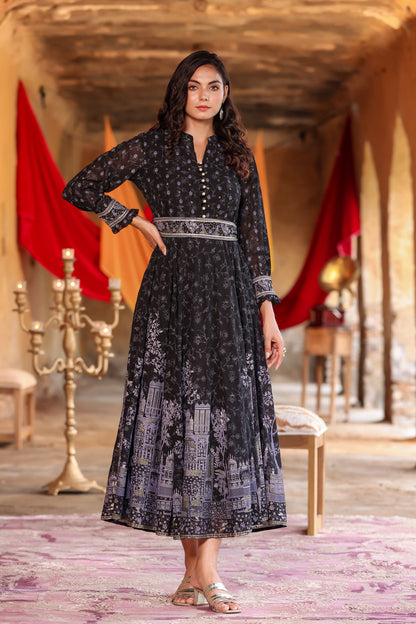 Black Georgette Printed Flared Dress