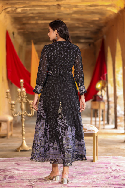 Black Georgette Printed Flared Dress