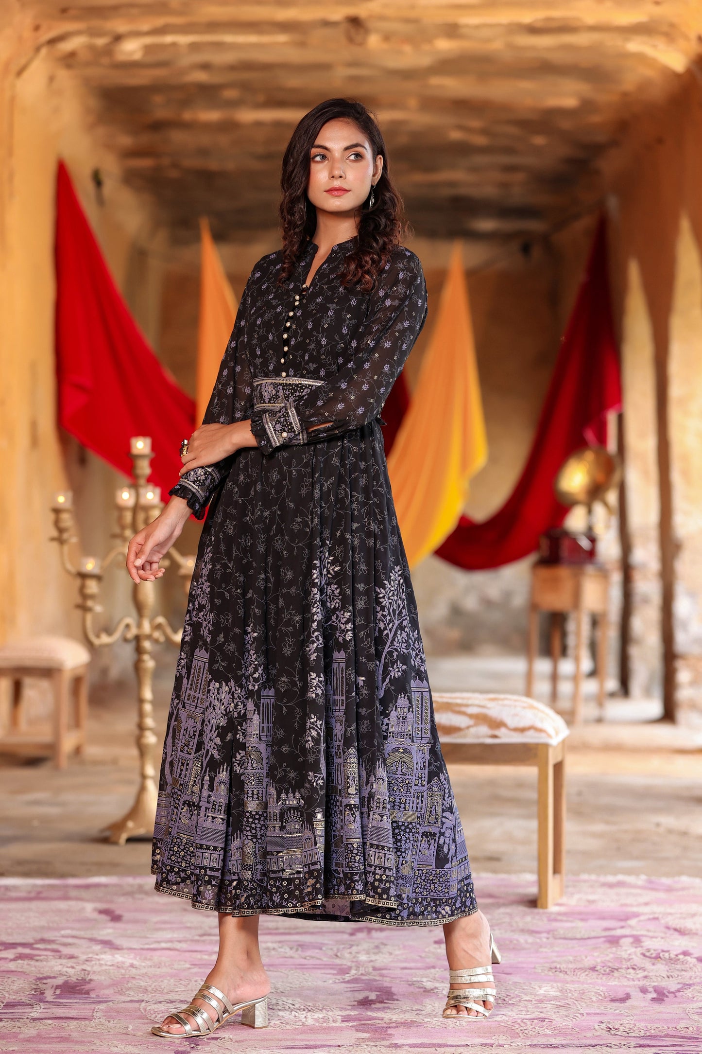Black Georgette Printed Flared Dress