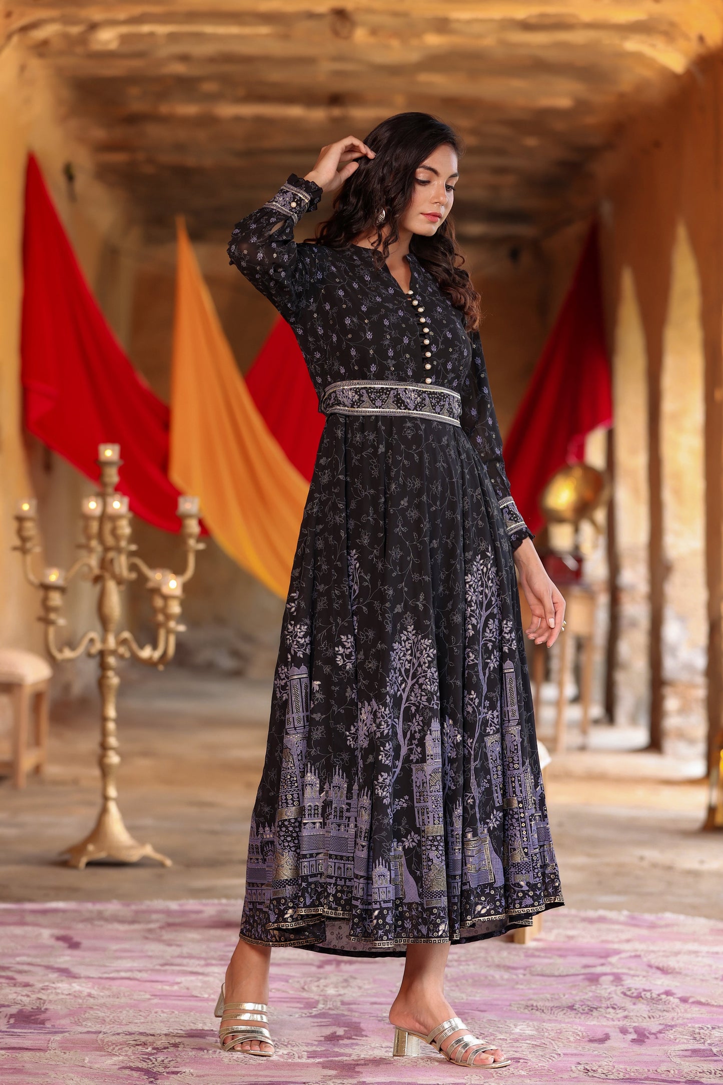 Black Georgette Printed Flared Dress