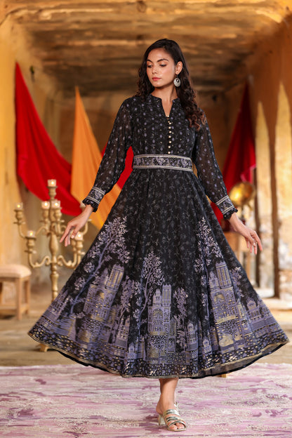 Black Georgette Printed Flared Dress