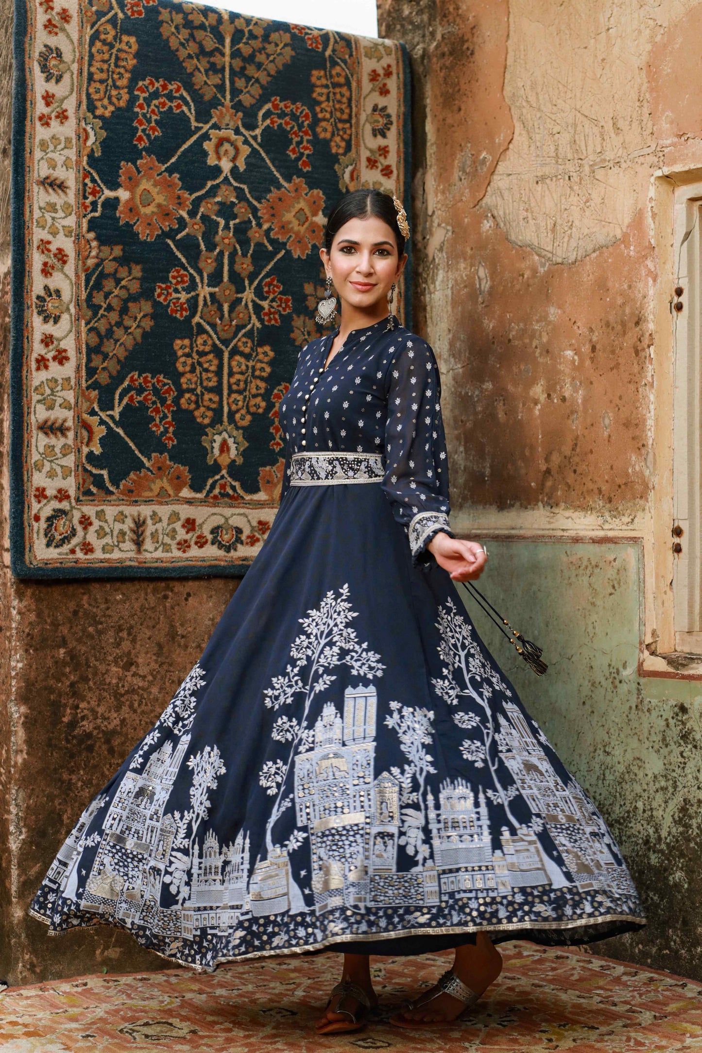 Indigo Georgette Printed Flared Dress