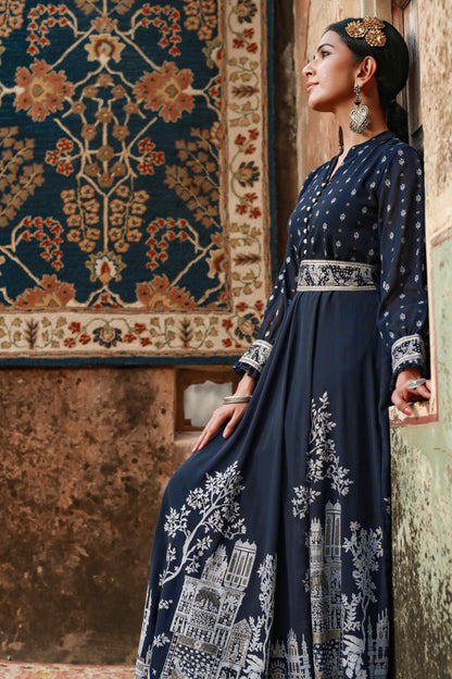 Indigo Georgette Printed Flared Dress