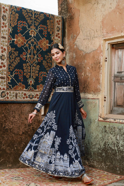 Indigo Georgette Printed Flared Dress