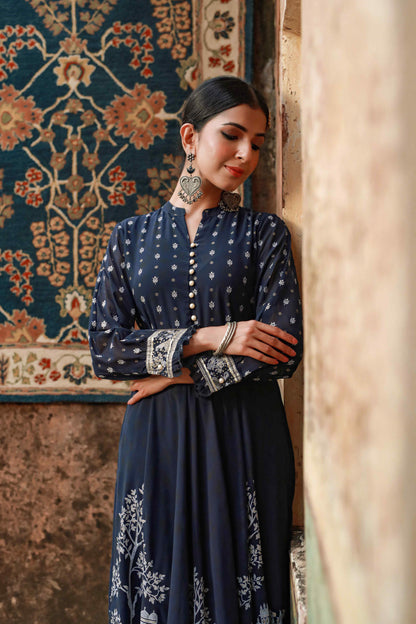 Indigo Georgette Printed Flared Dress