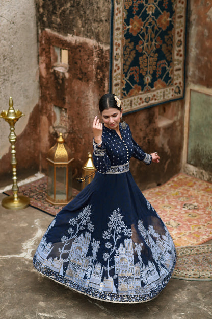 Indigo Georgette Printed Flared Dress