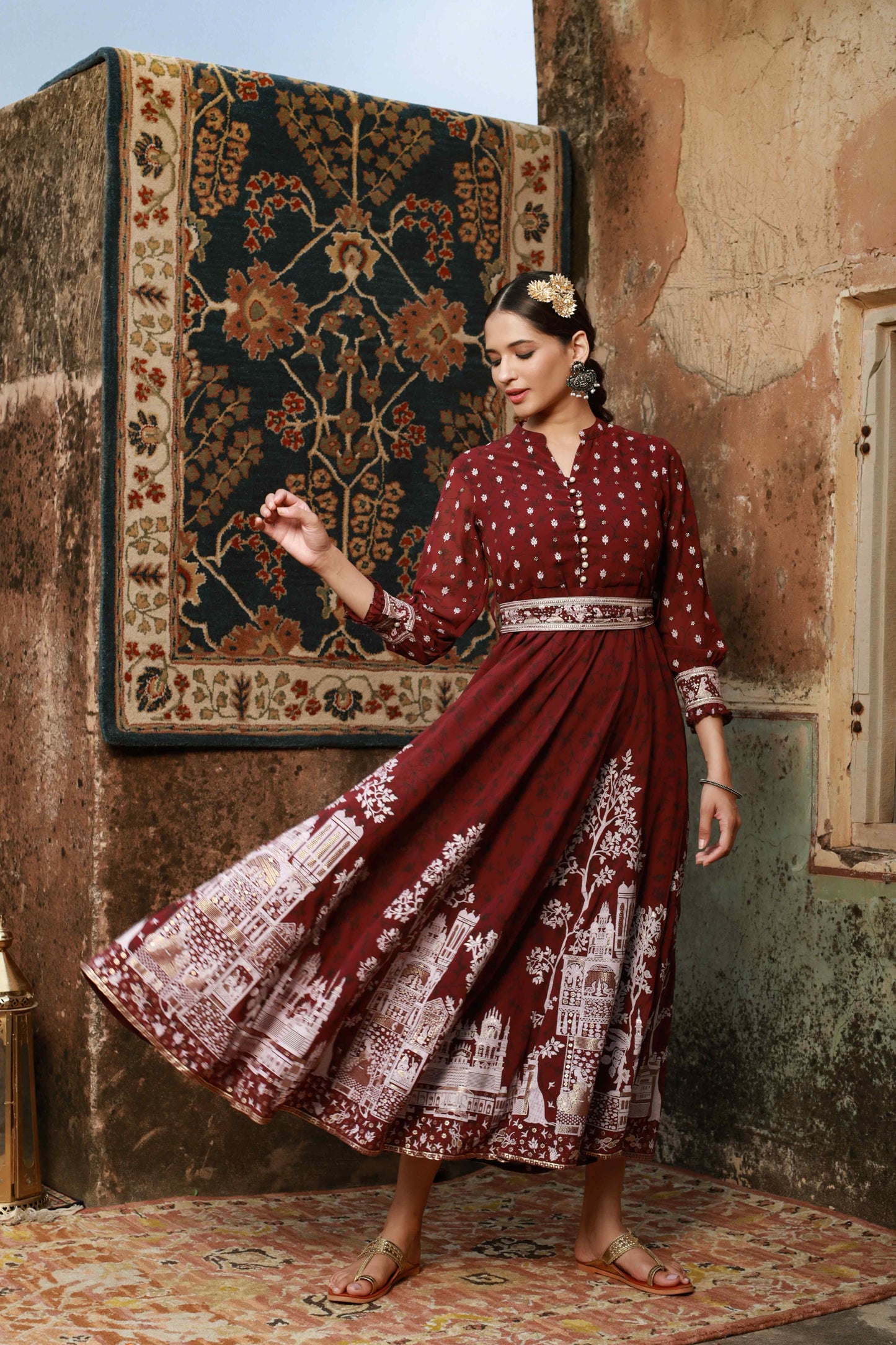 Wine Georgette Printed Flared Dress