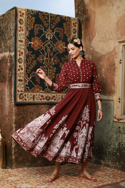 Wine Georgette Printed Flared Dress