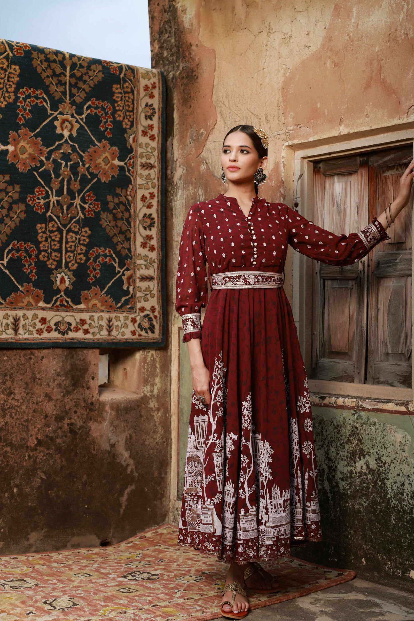 Wine Georgette Printed Flared Dress