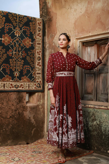 Wine Georgette Printed Flared Dress