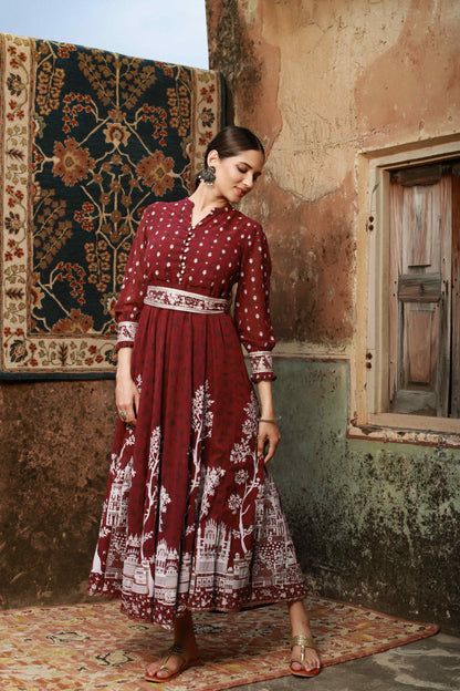 Wine Georgette Printed Flared Dress