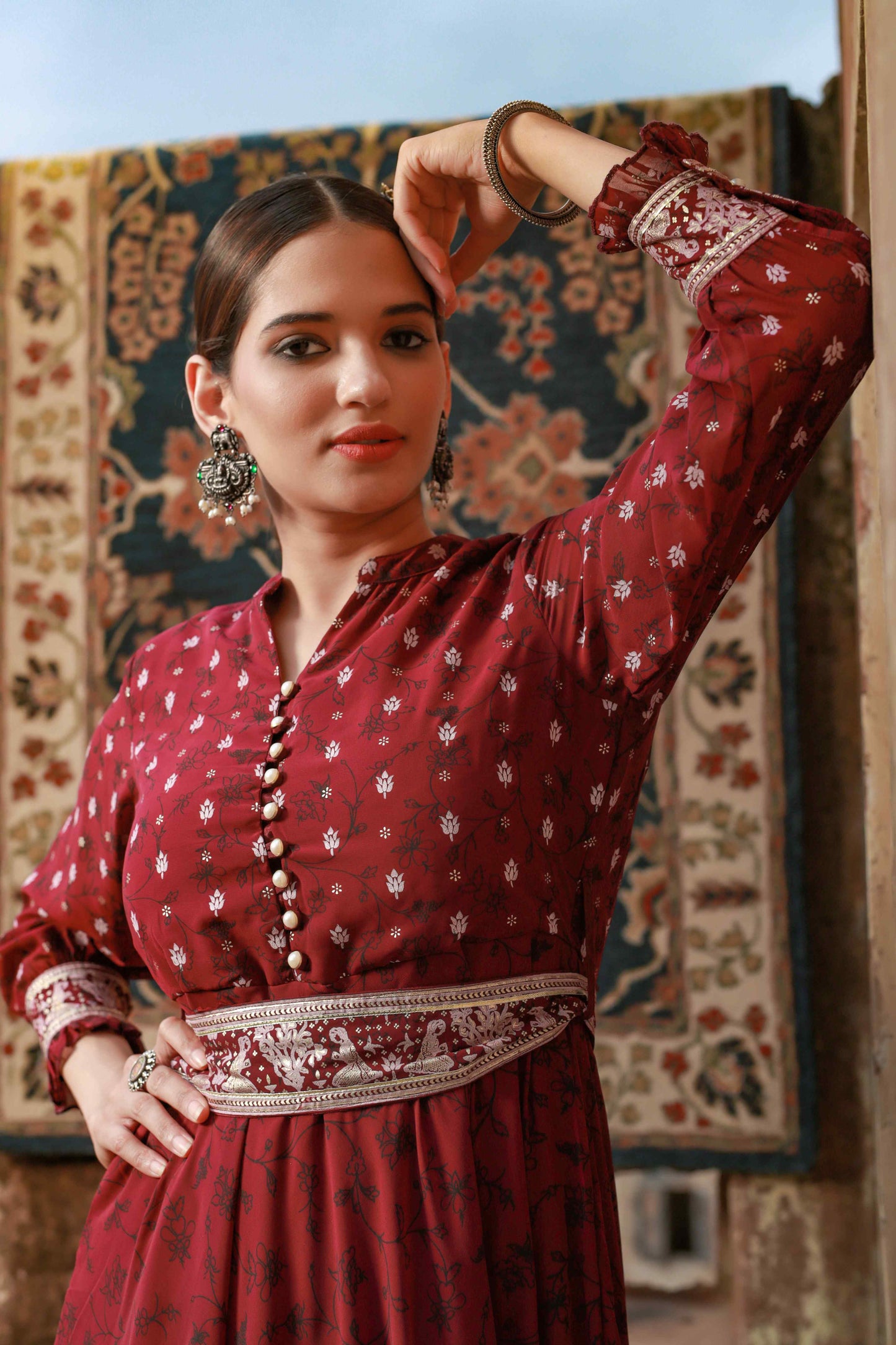 Wine Georgette Printed Flared Dress