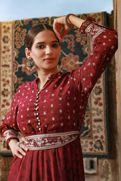 Wine Georgette Printed Flared Dress