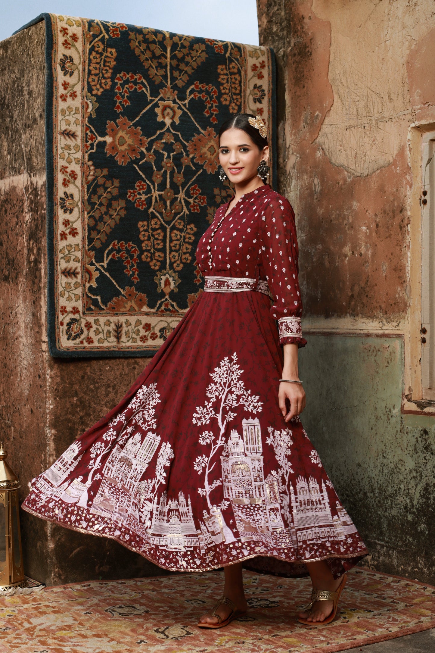Wine Georgette Printed Flared Dress