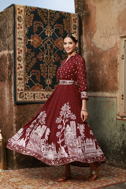 Wine Georgette Printed Flared Dress