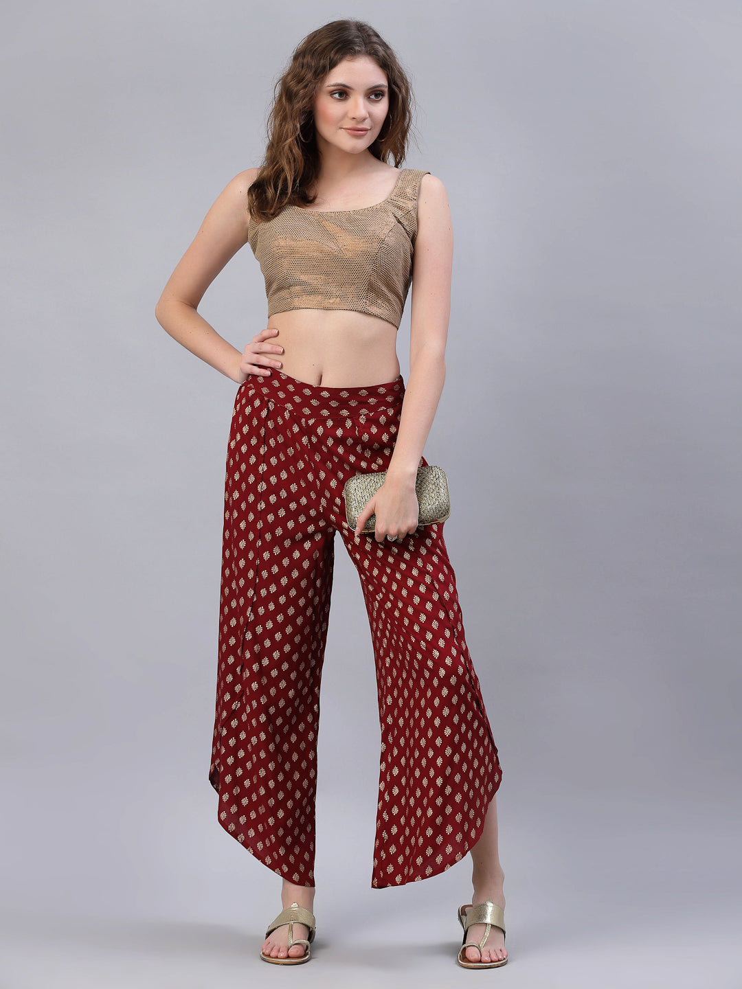 Maroon Rayon Printed Tulip Dhoti Pant