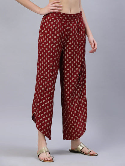 Maroon Rayon Printed Tulip Dhoti Pant