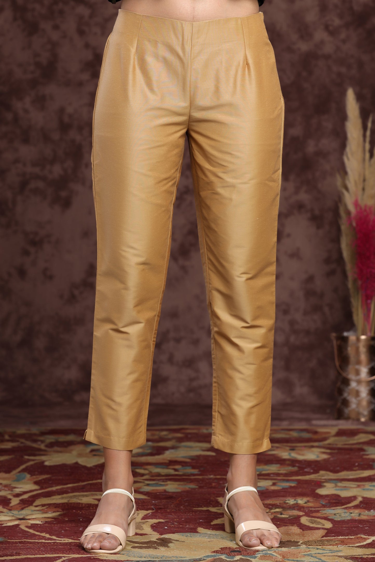 Gold Poly Silk Solid Slim Fit Pant/Slim Pant