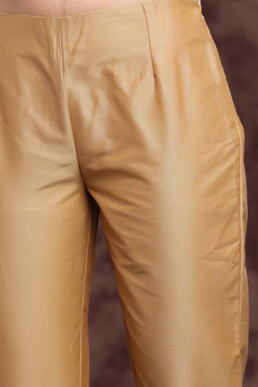 Gold Poly Silk Solid Slim Fit Pant/Slim Pant