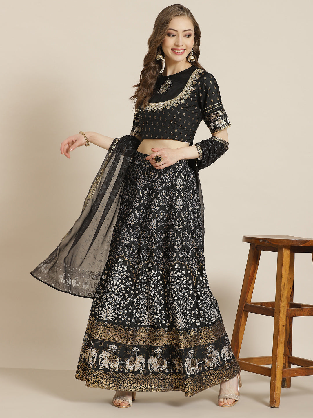 Black Shantoon Embroidered Flared Lehenga Choli Sets