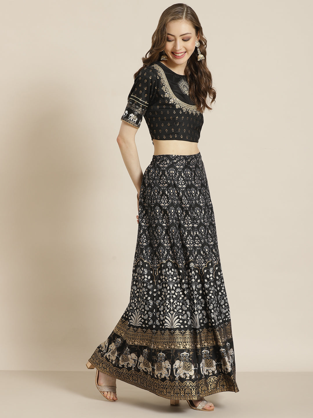 Black Shantoon Embroidered Flared Lehenga Choli Sets