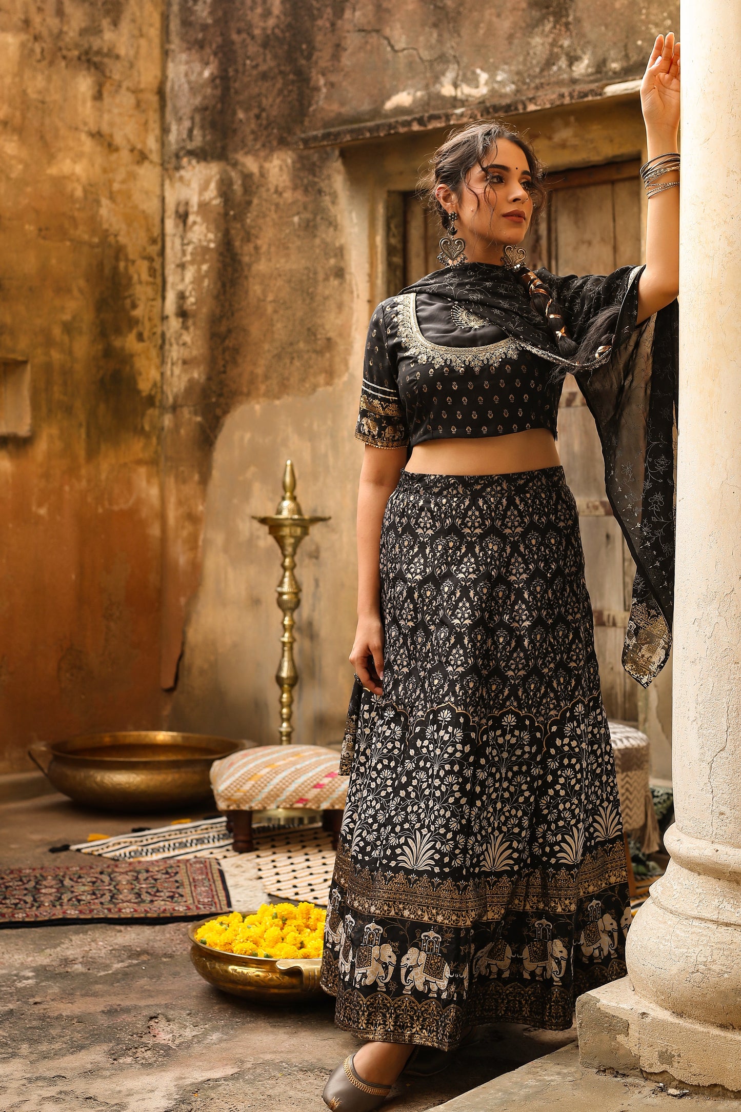 Black Shantoon Embroidered Flared Lehenga Choli Sets