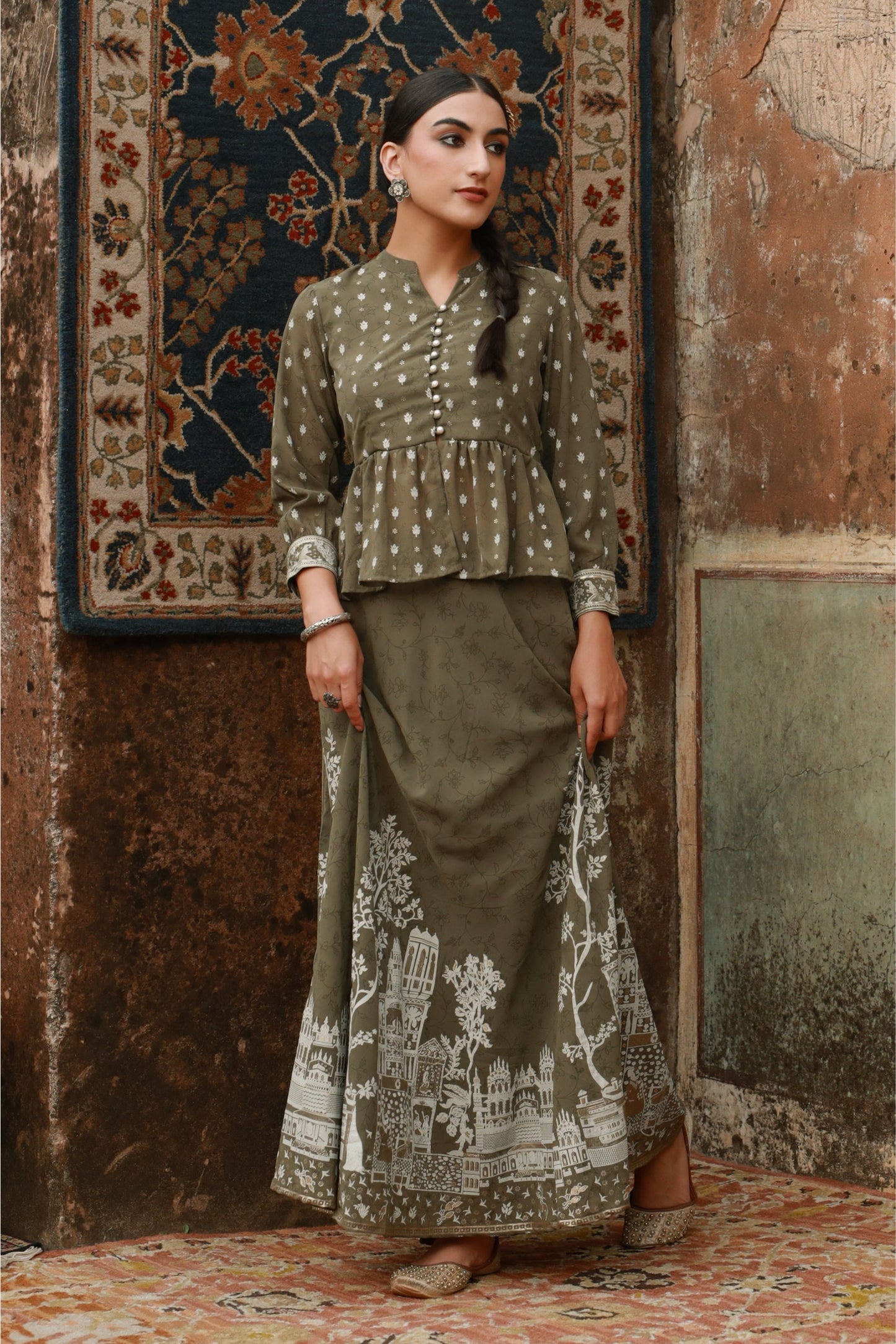 Olive Georgette Printed Flared Lehenga Choli Sets